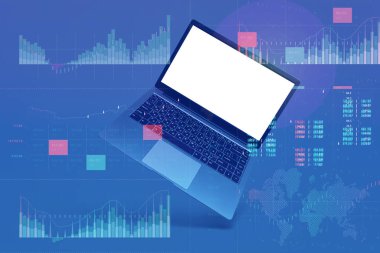 Anahtar performans göstergelerine sahip iş analizleri. Gri arkaplanda beyaz ekran modeli olan dizüstü bilgisayar