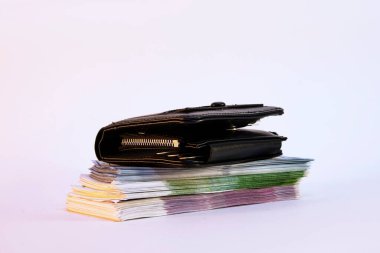 Hafif bir arka planda cüzdanı olan büyük bir tomar dolar ve avro.