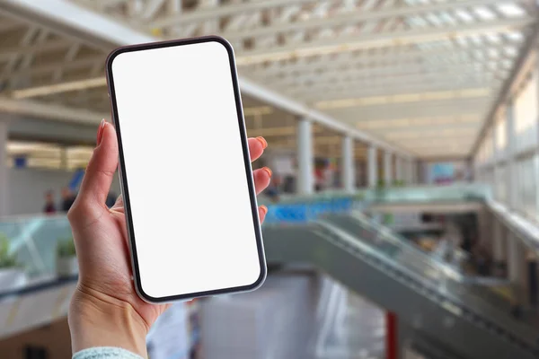 Mock Smartphone Hand Close Luchthaven Achtergrond Concept Het Thema Van — Stockfoto