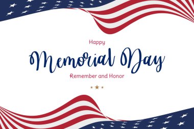 Anma Günün kutlu olsun. Beyaz arka planda Amerikan bayrağı ve siluet askerleri olan tebrik kartı. Ulusal Amerikan bayramı etkinliği. Düz vektör illüstrasyonu EPS10