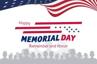 Anma Günün kutlu olsun. Beyaz arka planda Amerikan bayrağı ve siluet askerleri olan tebrik kartı. Ulusal Amerikan bayramı etkinliği. Düz vektör illüstrasyonu EPS10