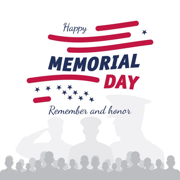 Happy Memorial Day. Greeting card with USA flag and silhouette soldiers on white background. National American holiday event. Flat vector illustration EPS10