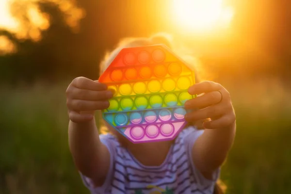 Child Plays Colorful Rainbow Game Poppit Silicone Fidget Close — Stock Photo, Image