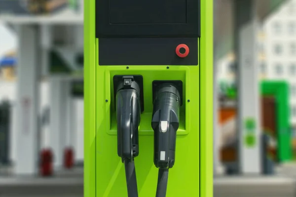 Green electric car charging at power station. Eco-friendly filling station for eco car