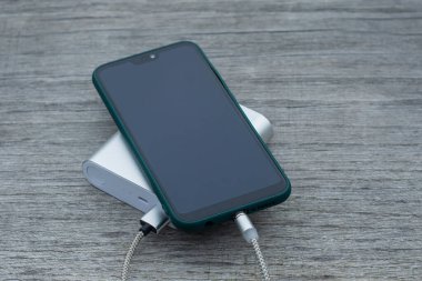 Güç Bankası parktaki ahşap bir bankta akıllı telefondan para alıyor.