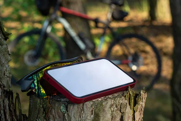 Smartphone Attrappe Mit Weißem Display Wald Vor Dem Hintergrund Eines — Stockfoto