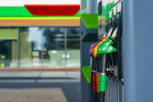 Posto Gasolina Com Diesel Gasolina Close Fundo Uma Vitrine — Fotografia de Stock