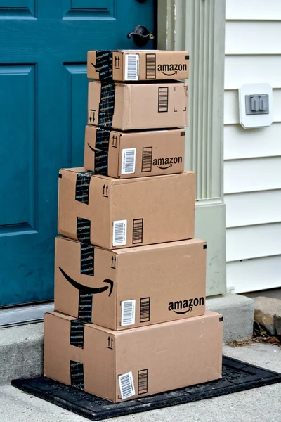 Amazon boxes delivered to a house — Stock Photo, Image