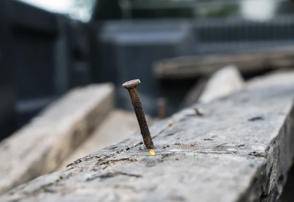 Tack enferrujado em uma vara de madeira . — Fotografia de Stock