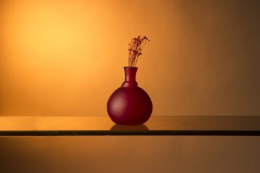 Sarı bir arka plan üzerinde kurutulmuş çiçekli kırmızı vazo