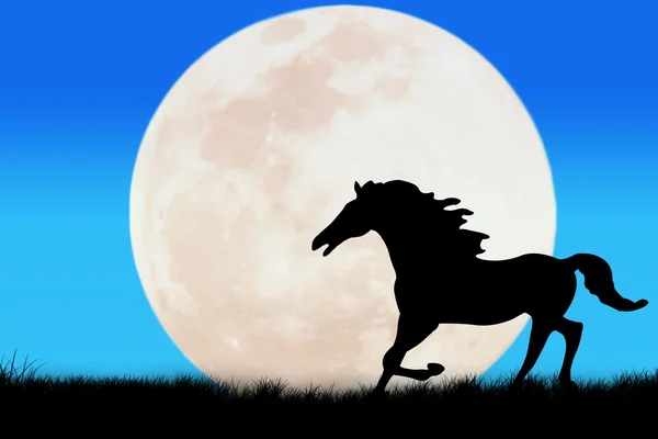 Silueta de caballo sobre fondo de luna llena — Foto de Stock
