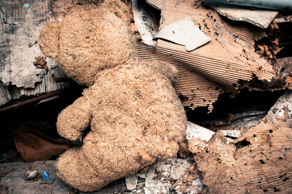 Old teddy bear abandoned piles of paper,black and white tone