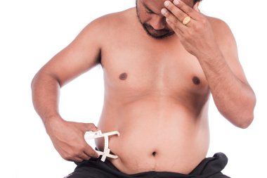 Young Man Measuring Fat Belly With Fat Caliper clipart