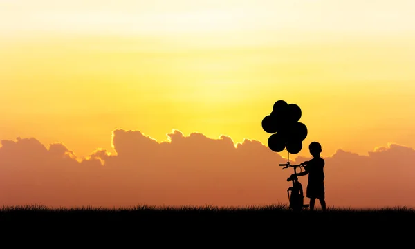 Sziluettjét kis fiú álló hold kerékpár naplemente háttér — Stock Fotó