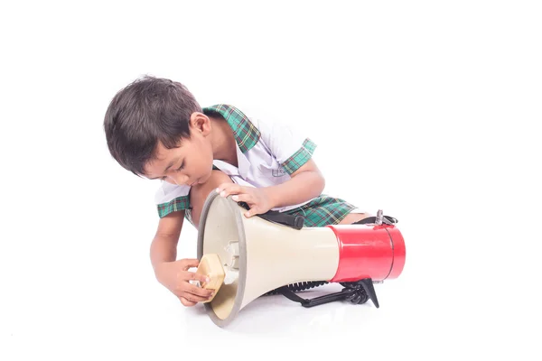 Menino jogar megafone — Fotografia de Stock