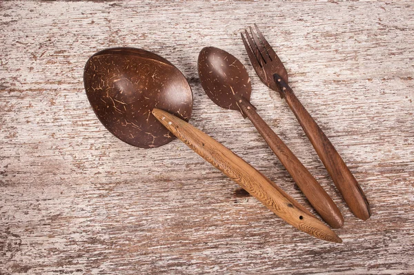 Fork and spoon wooden on blow wood background — Stock Photo, Image