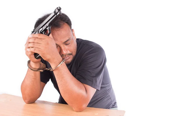 Young man hand in handcuff Commit suicide — Stock Photo, Image