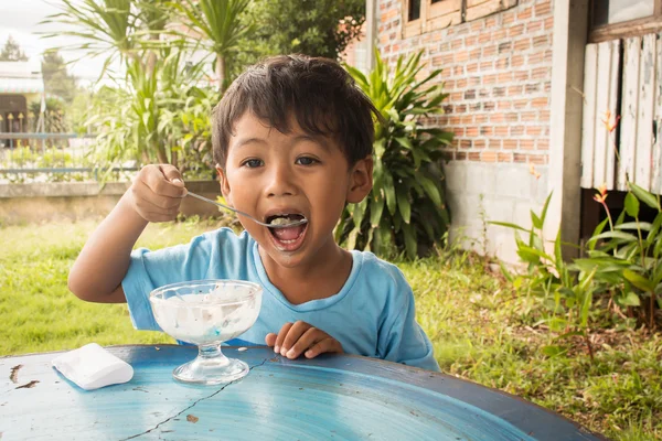 Милый маленький мальчик ест мороженое в парке — стоковое фото
