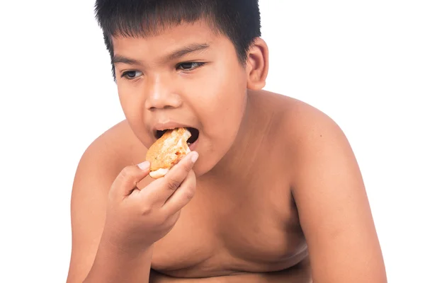 Primer plano de niño grasa comer hamburguesa — Foto de Stock