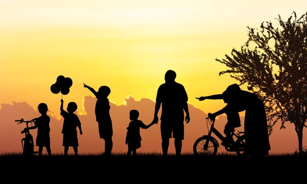 Silhouette of Happy family playing in field sunset background — Stock Photo, Image