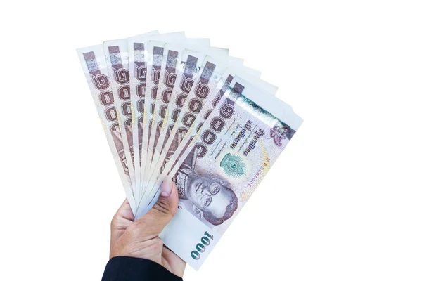 Frauen im Anzug halten thailändisches Geld in der Hand, isolieren — Stockfoto