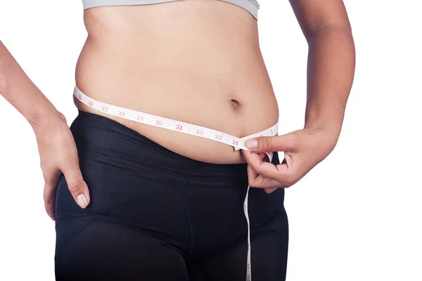 Women measuring belly fat itself — Stock Photo, Image