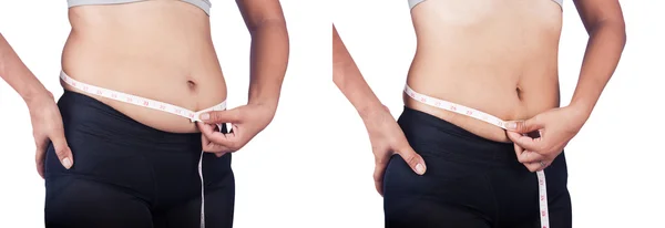 Mulheres medindo gordura da barriga em si — Fotografia de Stock