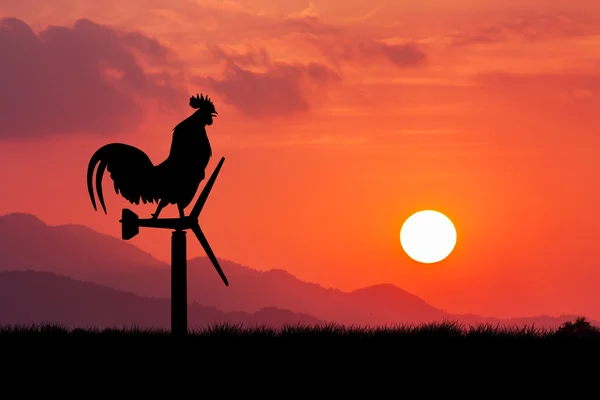 Roosters crow stand on a wind turbine. In the morning sunrise ba — Stock Photo, Image