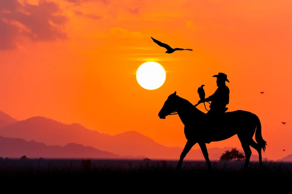 Silhouette von Cowboy sitzt auf seinem Pferd bei Sonnenuntergang Hintergrund — Stockfoto
