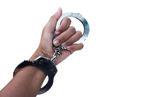 Hand women in shackle on isolate white background — Stock Photo, Image