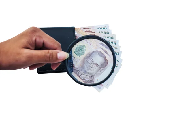 Thailändisches Geld in schwarzer Brieftasche isoliert Hintergrund — Stockfoto