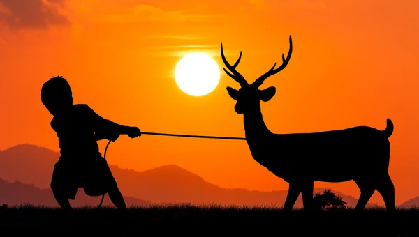 Silhueta de criança menino brincar com renas pôr do sol fundo — Fotografia de Stock