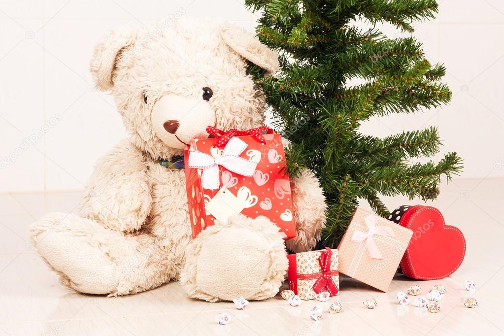 christmas concept,teddy bear and red box gift