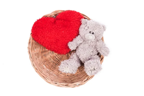 Söt nallebjörn vit rött hjärta valentine — Stockfoto