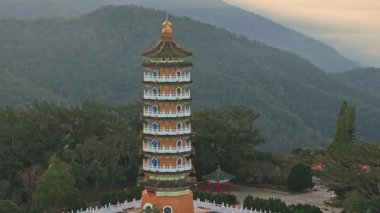 Aerial dawn view of Pa Cien Pagoda in Nantou, Taiwan Pacien pagoda, Sun Moon Lake, Nantou, Taiwan