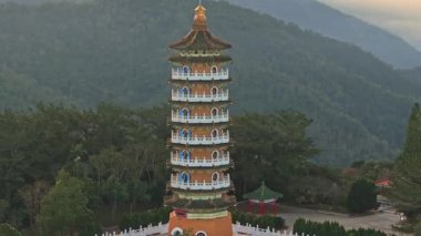 Aerial dawn view of Pa Cien Pagoda in Nantou, Taiwan Pacien pagoda, Sun Moon Lake, Nantou, Taiwan