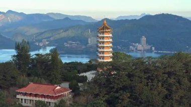 Aerial dawn view of Pa Cien Pagoda in Nantou, Taiwan Pacien pagoda, Sun Moon Lake, Nantou, Taiwan