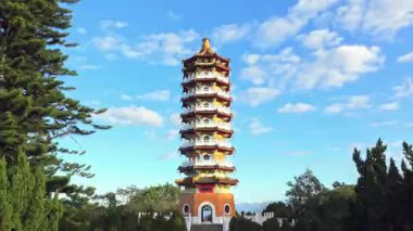 Aerial dawn view of Pa Cien Pagoda in Nantou, Taiwan Pacien pagoda, Sun Moon Lake, Nantou, Taiwan