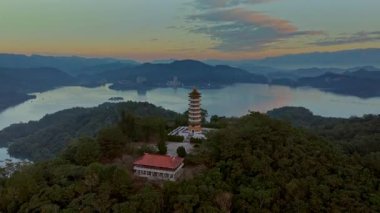 Aerial dawn view of Pa Cien Pagoda in Nantou, Taiwan Pacien pagoda, Sun Moon Lake, Nantou, Taiwan