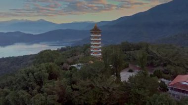 Aerial dawn view of Pa Cien Pagoda in Nantou, Taiwan Pacien pagoda, Sun Moon Lake, Nantou, Taiwan