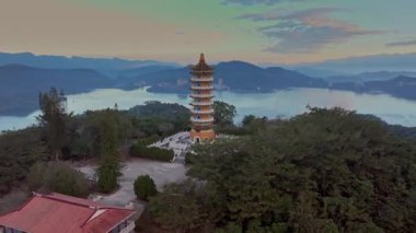 Aerial dawn view of Pa Cien Pagoda in Nantou, Taiwan Pacien pagoda, Sun Moon Lake, Nantou, Taiwan
