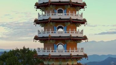 Aerial dawn view of Pa Cien Pagoda in Nantou, Taiwan Pacien pagoda, Sun Moon Lake, Nantou, Taiwan