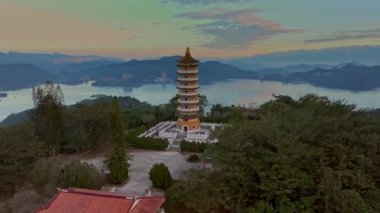 Aerial dawn view of Pa Cien Pagoda in Nantou, Taiwan Pacien pagoda, Sun Moon Lake, Nantou, Taiwan