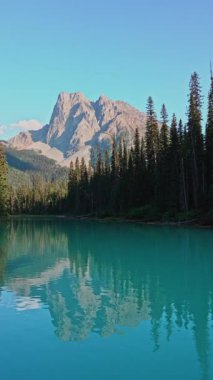 Sakin göl dağları ve ağaçları yansıtıyor. Takakkaw Düşüşü, Yoho Milli Parkı