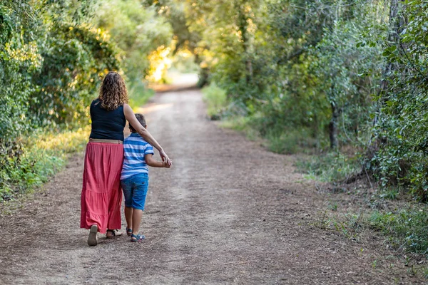Frau Und Kind Spazieren Durch Den Wald Rückseite — Stockfoto