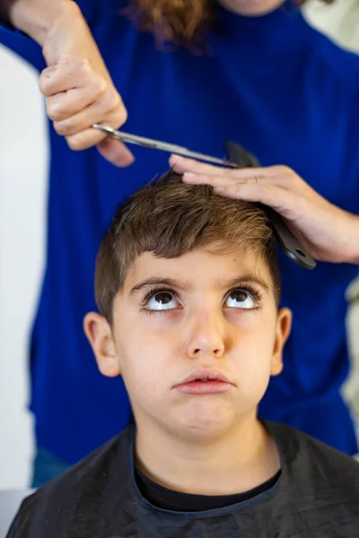 Angry Boy Getting Haircut Home — Stock Photo, Image