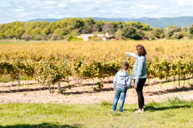 Anne oğluna üzüm bağlarını gösteriyor.