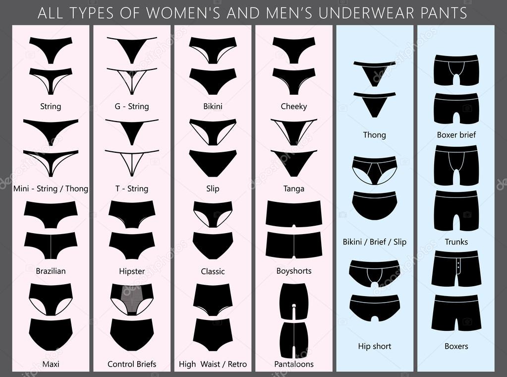ALL TYPES OF WOMEN'S AND MENS UNDERWEAR PANTS. Vector set of underwear. Silhouette ass in front and behind. string, thong, tanga, bikini, cheeky, hipster, boyshorts, classic brief, slip, high waist, retro,  hip short, boxer, trunks.