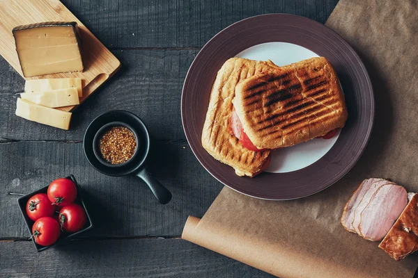 Lahodné grilované panini sandwich. Pohled shora. — Stock fotografie