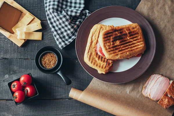 Ένα νόστιμο griled σάντουιτς panini. Κάτοψη. — Φωτογραφία Αρχείου